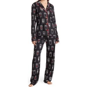 NWT PJ Salvage Jersey Long Sleeve Top Pants Coffee/Tea Hearts 2 Piece Pajama Set